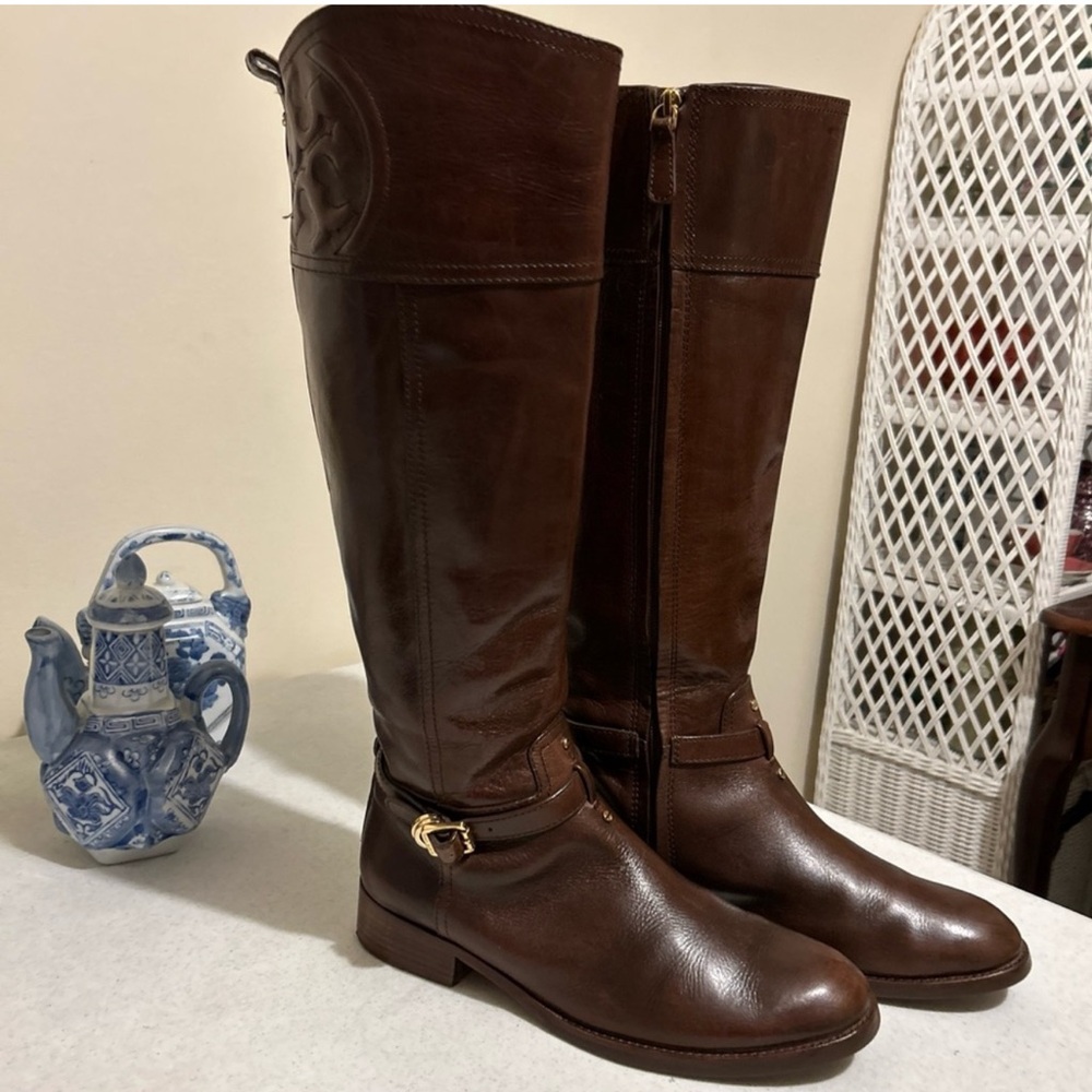 Tory Burch Tall Equestrian Boots Women’s 8.5M Brown Riding Leather Stacked Heel